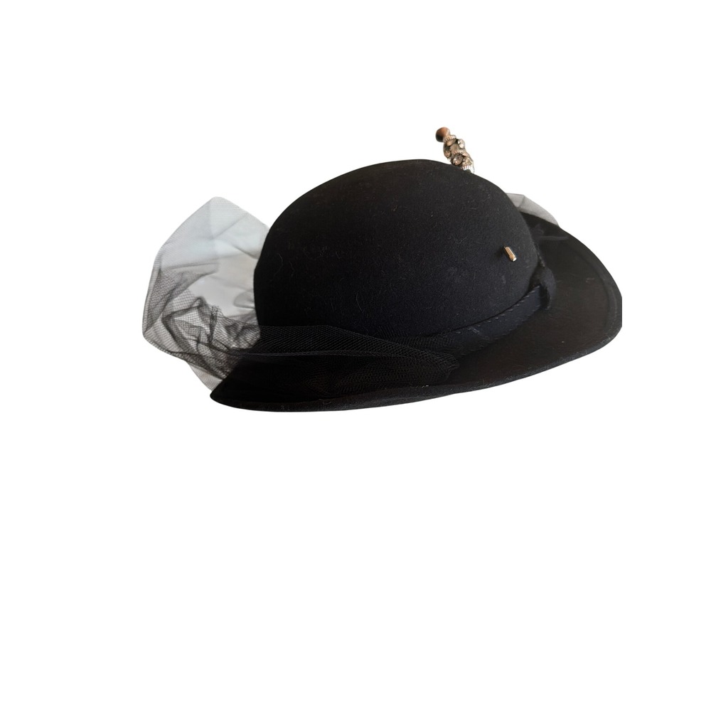 Geo W. Bollman & Co Hat Black Wool Felt Pillbox Vintage Veil Rhinestone Pin 100%